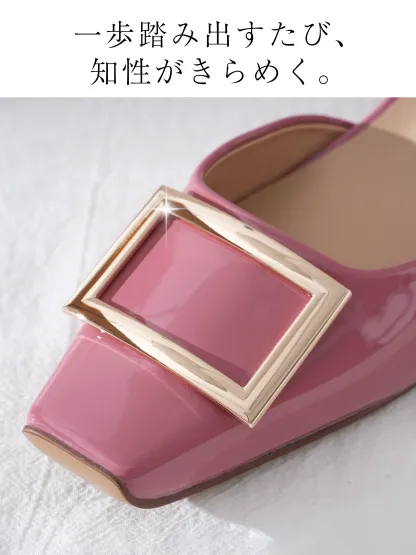 【上品なツヤ感で高見え】KENPOGEN バックルパンプス サイドオープン スクエアトゥ 5cmUP エナメル インヒール 痛くない 春夏 通勤 結婚式