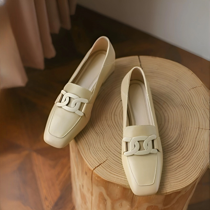 【職人仕立ての本革】KENPOGEN スクエアトゥ ローファー 牛革 4cm/5.5cmUP チャンキーヒール チェーンモチーフ 疲れにくい 通勤 オフィス