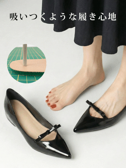 【跳べるパンプス】KENPOGEN エナメルパンプス リボン ポインテッドトゥ インヒール 5cmUP 晴雨兼用 歩きやすい 通勤 きれいめ