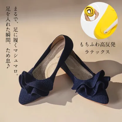 【大人可愛いフリル】KENPOGEN ニットパンプス ぺたんこ靴 スクエアトゥ 柔らかい 伸縮性 走れる 全十色展開 通勤 お出かけ