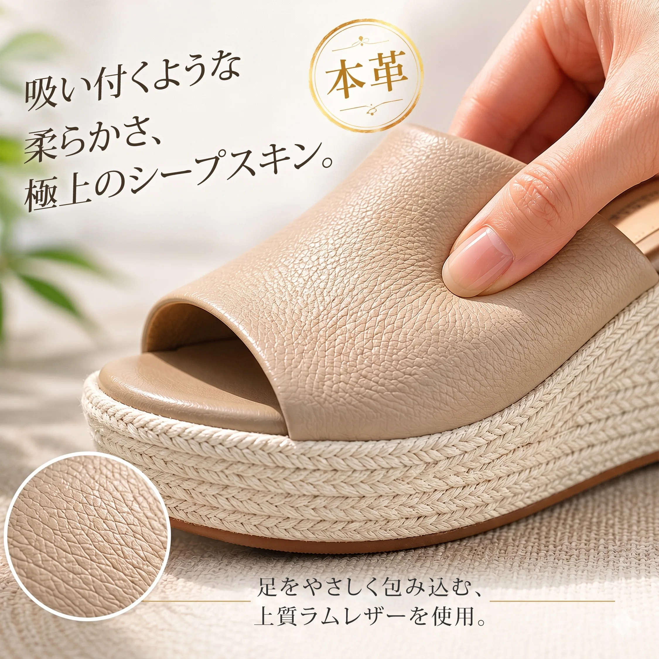 やわらかなラムレザーを使用した レディース 厚底サンダル ウェッジソール 本革 柔らかい足あたり

