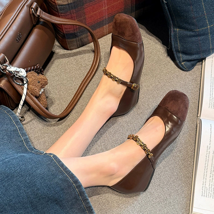 外反母趾ストラップシューズ 甲高 幅広 シークレット シューズ インヒール パンプス 幅広 可愛い ストラップ 歩きやすい レディース　ブラウン