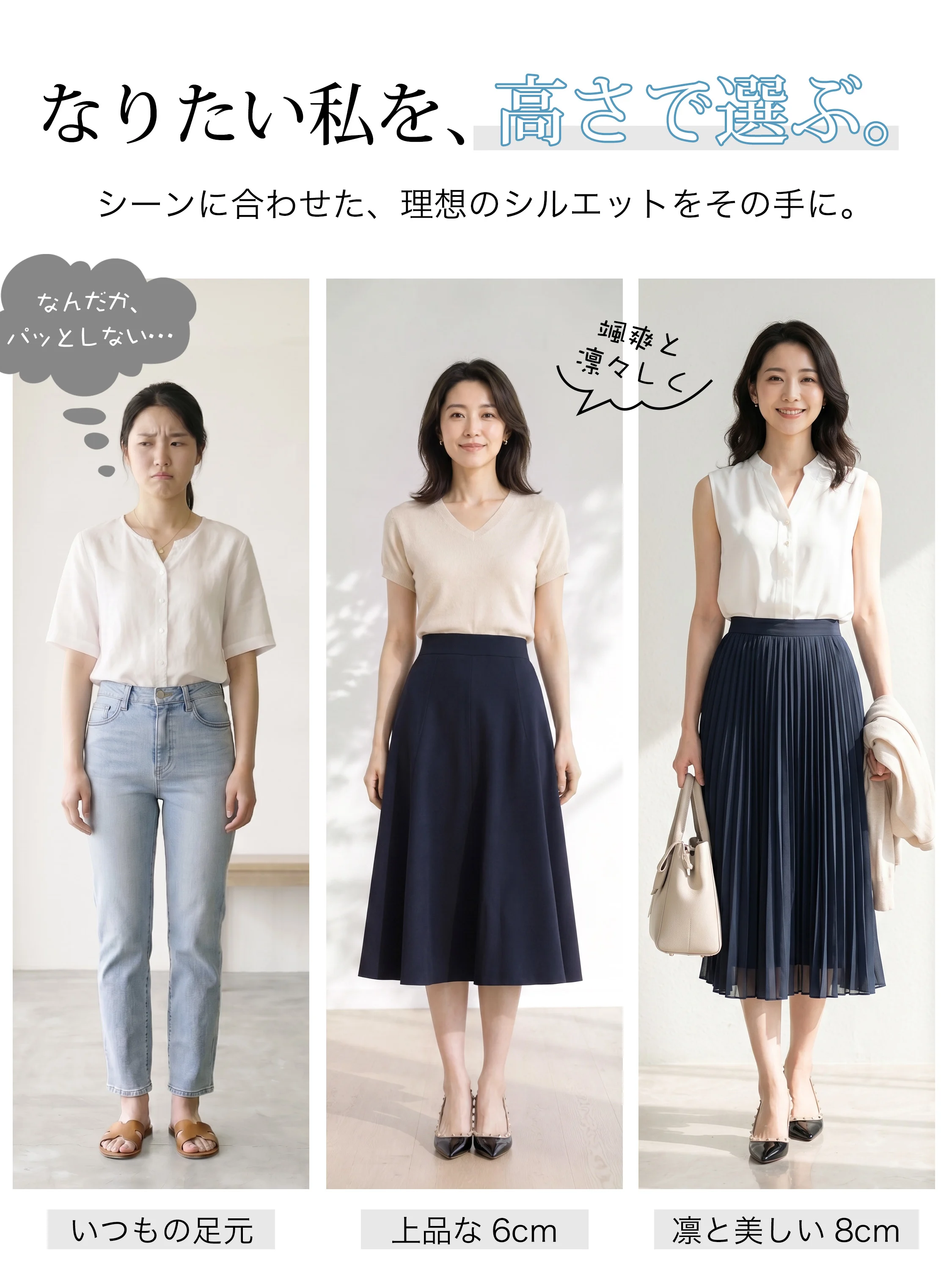 シーンで選べる高さ！ カジュアル・6cm・8cm 比較通勤・華やかシーン美脚シルエット