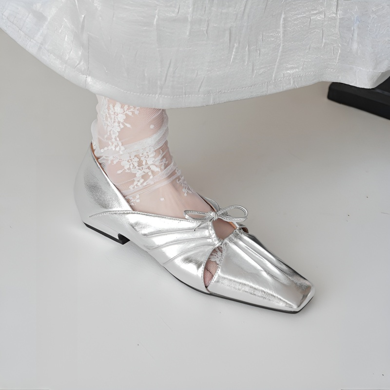 メタリックシルバー クロスギャザー フラットシューズ