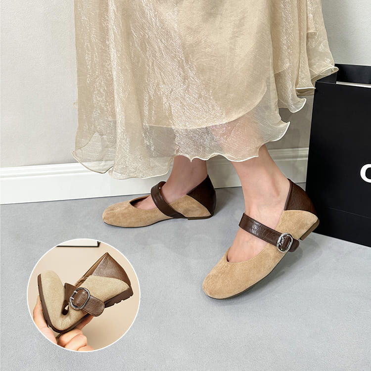 5cmインヒール内蔵 異素材ミックス スエード調メリージェーン