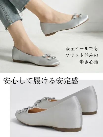 KENPOGEN ダブルリボンパンプス スクエアトゥシューズ インヒール 5cmUP エナメル 柔らか 通勤