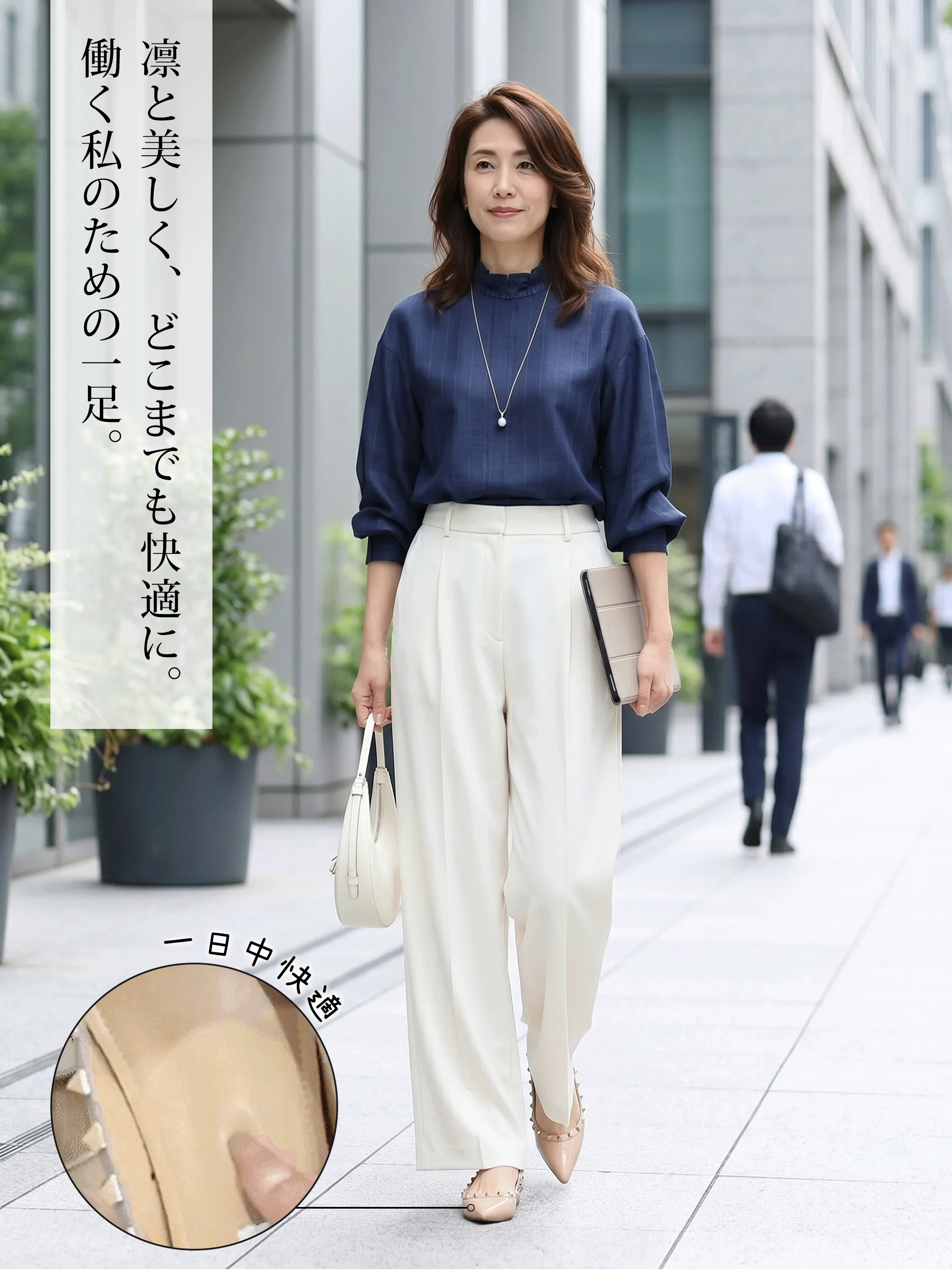 凛と働く大人の女性におすすめの通勤用パンプス。一日中快適な極厚インソールでパンツスーツスタイルにもマッチ