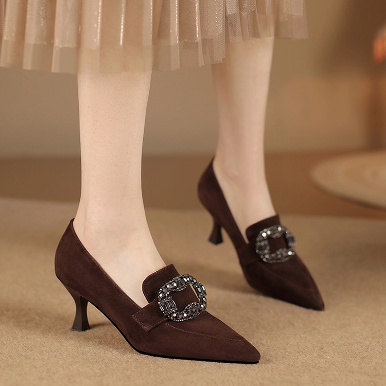 KENPOGEN ポインテッドトゥパンプス 羊革 手作り靴 5.5cmUP スエード ビジュー バックル エレガント