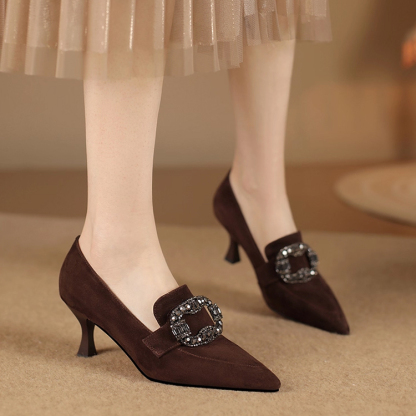 KENPOGEN ポインテッドトゥパンプス 羊革 手作り靴 5.5cmUP スエード ビジュー バックル エレガント