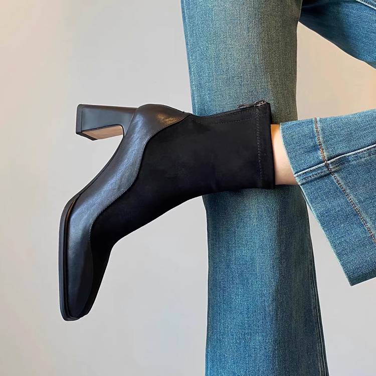 KENPOGEN ブラウン ショートブーツ デザイン詳細 センターシーム入り スクエアトゥ 異素材ドッキング