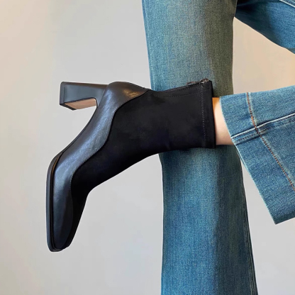 KENPOGEN ブラウン ショートブーツ デザイン詳細 センターシーム入り スクエアトゥ 異素材ドッキング