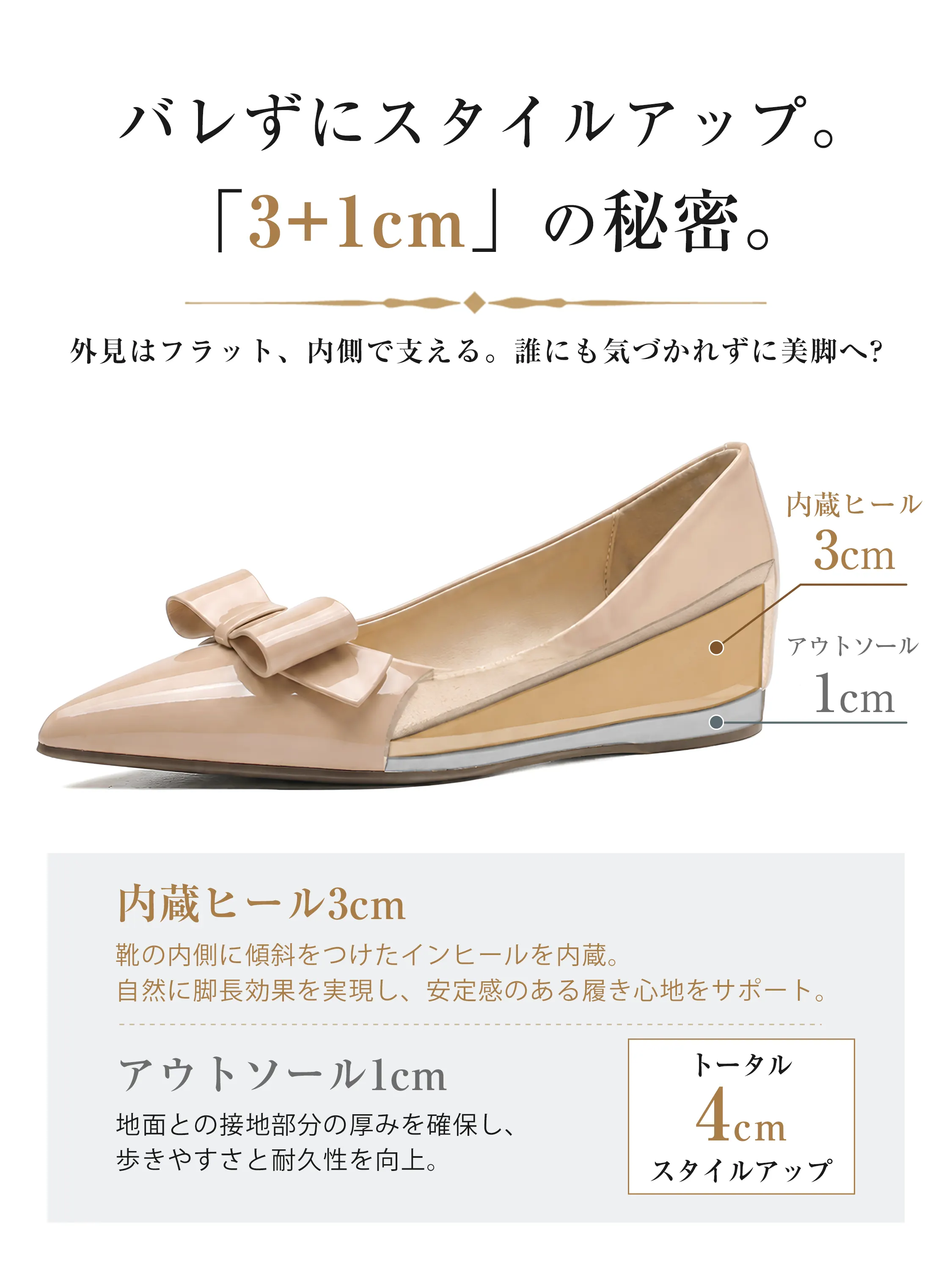 インヒールパンプス レディース 4cmアップ 内蔵ヒール3cm アウトソール1cm ポインテッドトゥ リボン付き エナメルパンプス