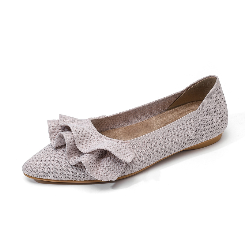 【OUTLET】【洗濯機OK・大人可愛いフリル】KENPOGEN ニットパンプス レディース ぺたんこ靴 ポインテッドトゥ 柔らかい 伸縮性 走れる  通勤 お出かけ 幅広