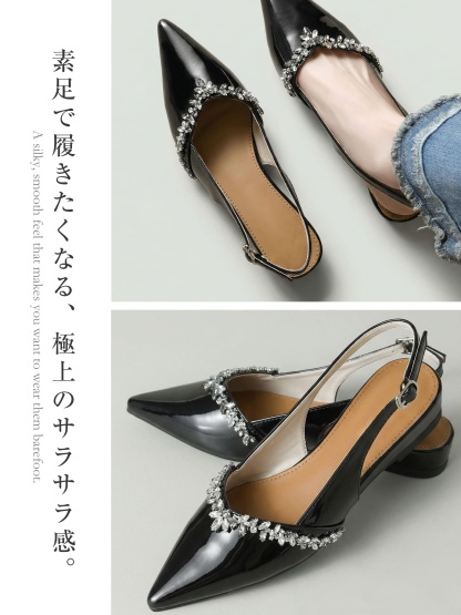 KENPOGEN バッグストラップミュール フラットシューズ 3cmUP ポインテッドトゥ ビジュー 痛くない