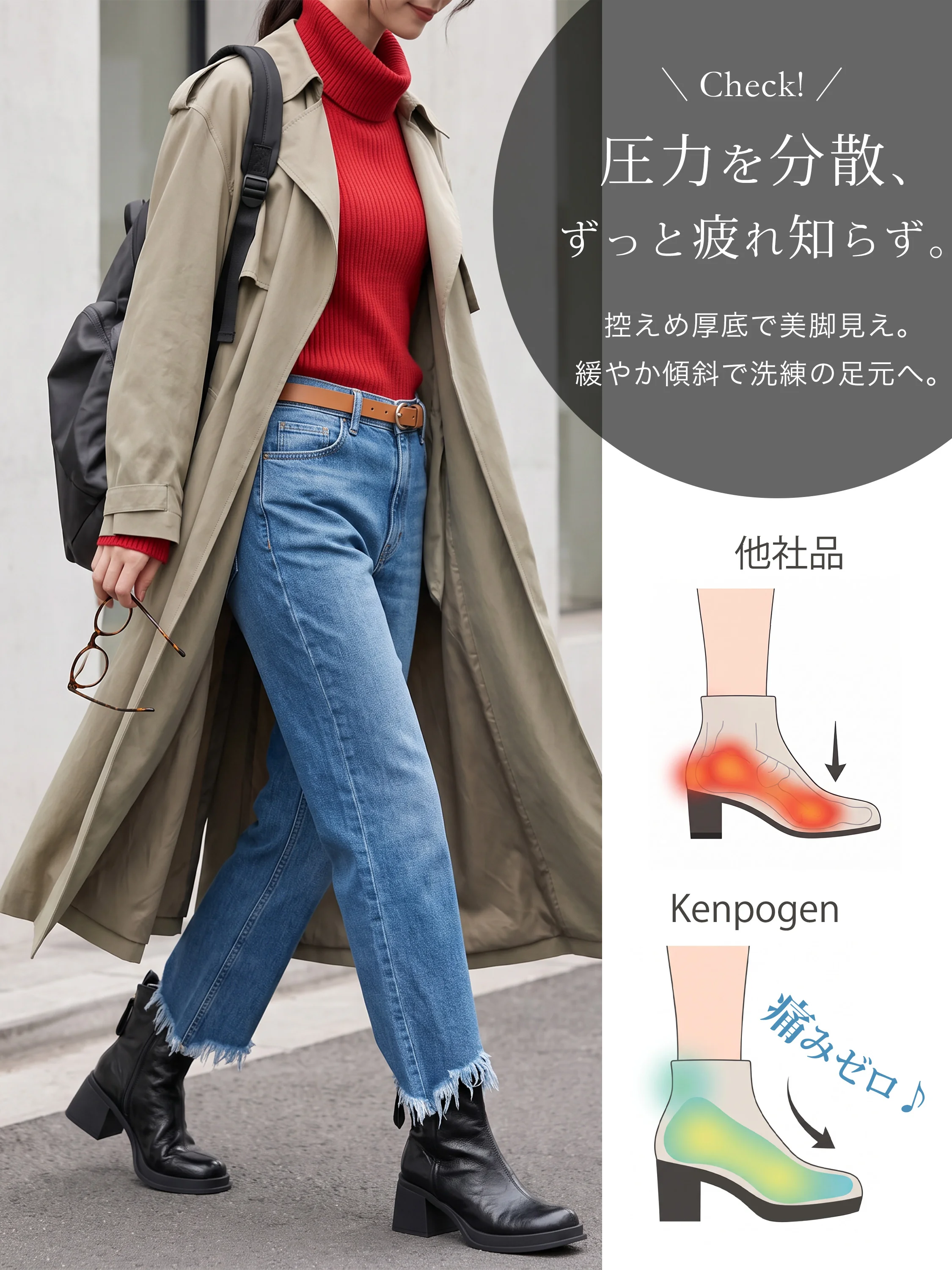 ストレッチショートブーツ。7cm厚底とセンターシーム、静かな歩行を意識したヒールを伝える後ろ姿と履き口。ブーツ レディース 歩きやすいを探す方の立ち仕事の日のコーデに