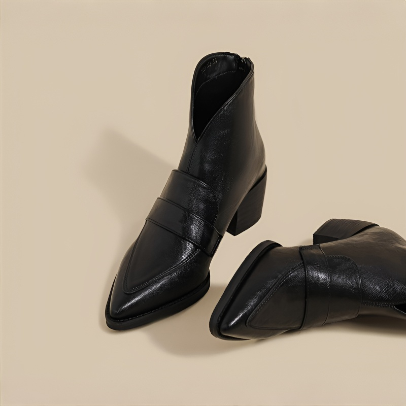 レトロ調 Vカット チャンキーヒールショートブーツ