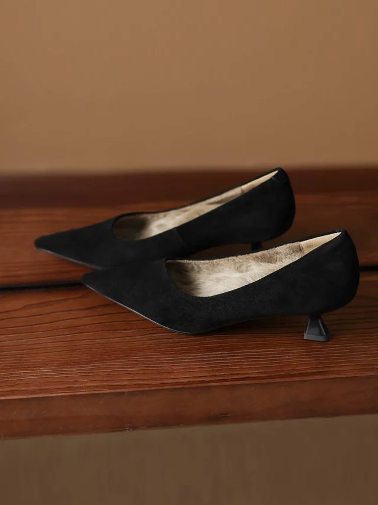 KENPOGEN ポインテッドトゥパンプス 羊革 4.5cmUP スエード調 内ボア 痛くない 歩きやすい 通勤