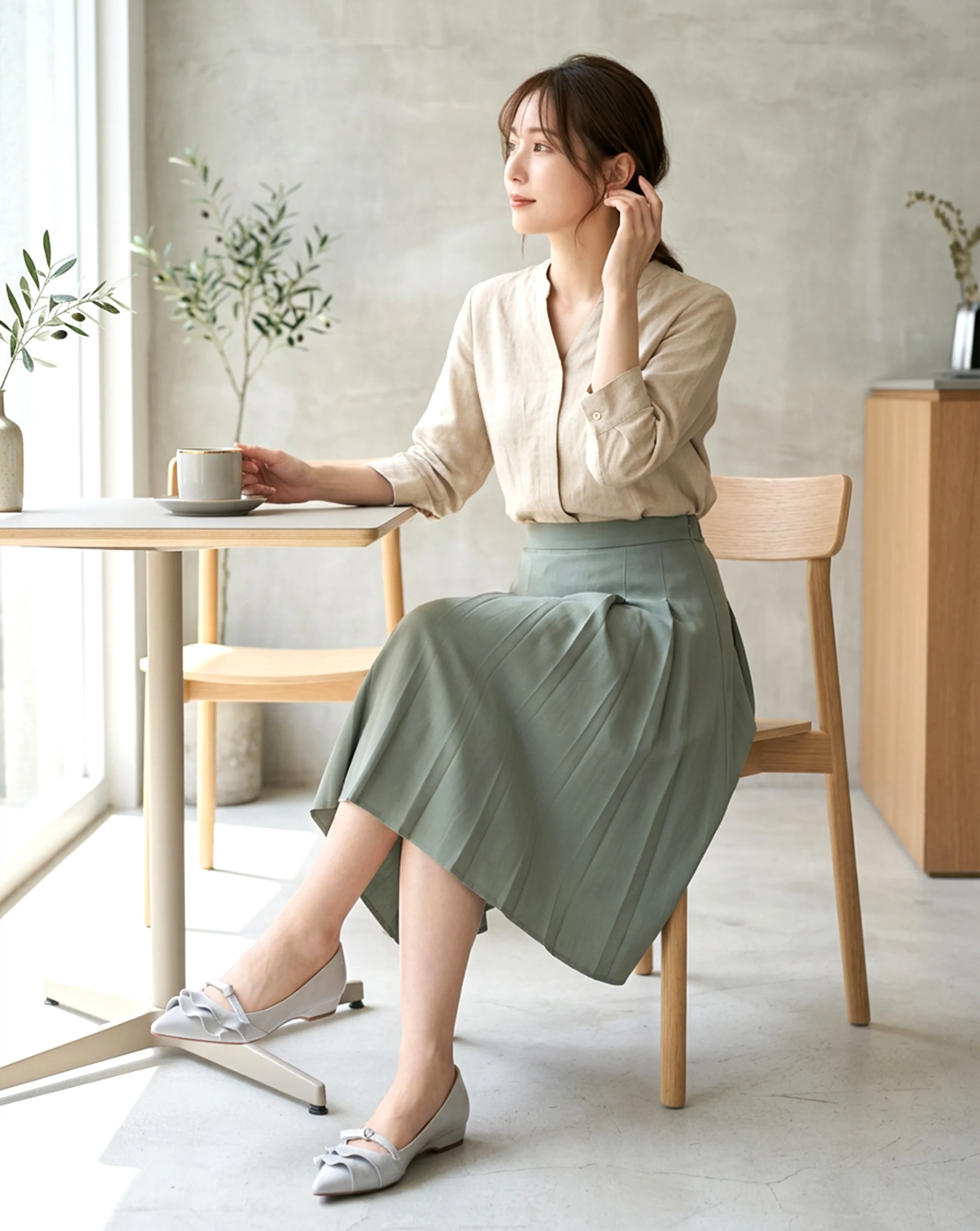 カフェコーデに合うグレーのレディースパンプス フリル リボン付き きれいめ 歩きやすい お出かけ向け