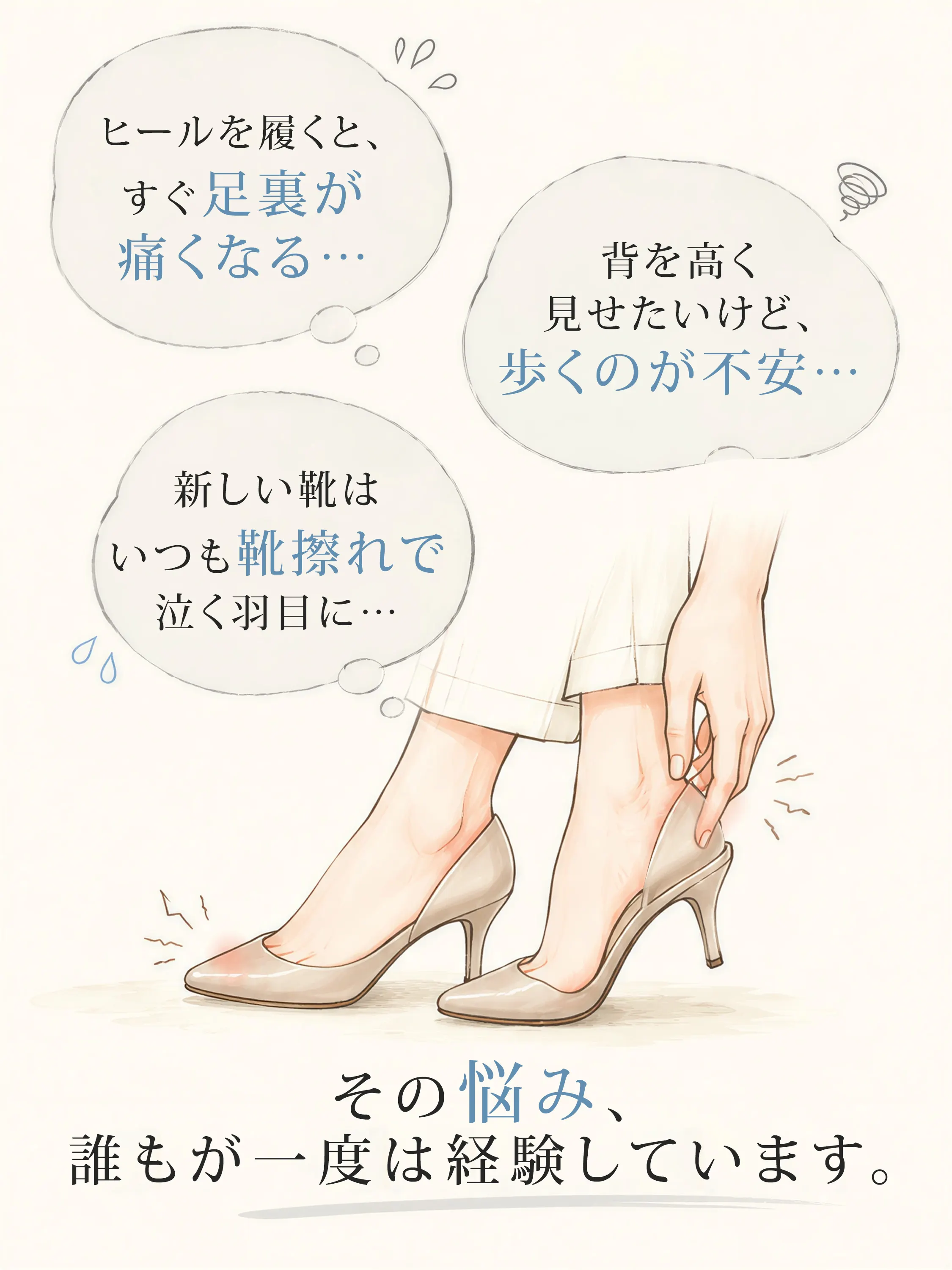ヒールサンダルの足裏の痛みや靴擦れの悩みをイメージした比較画像 レディース向け歩きやすいサンダル選び