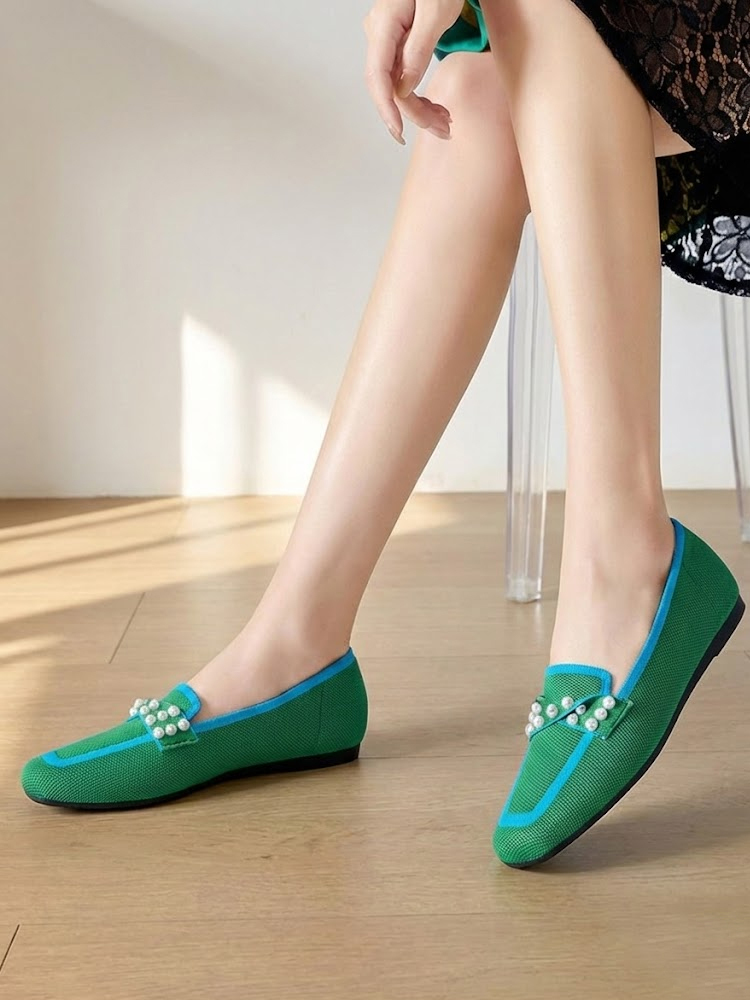 KENPOGEN ニットローファー スクエアトゥ パール飾り フラットシューズ 歩きやすい 滑りにくい 全6色展開 カジュアル オフィス