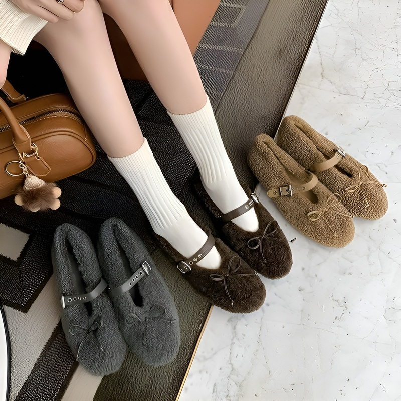 リボン付き 暖かボア インヒール美脚パンプス