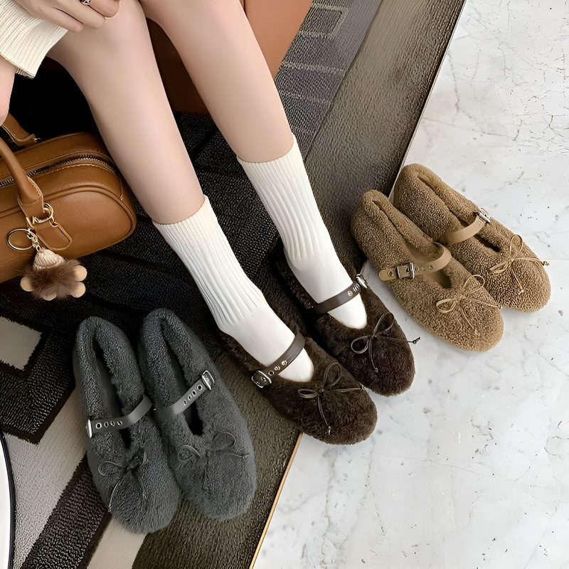 リボン付き 暖かボア インヒール美脚パンプス