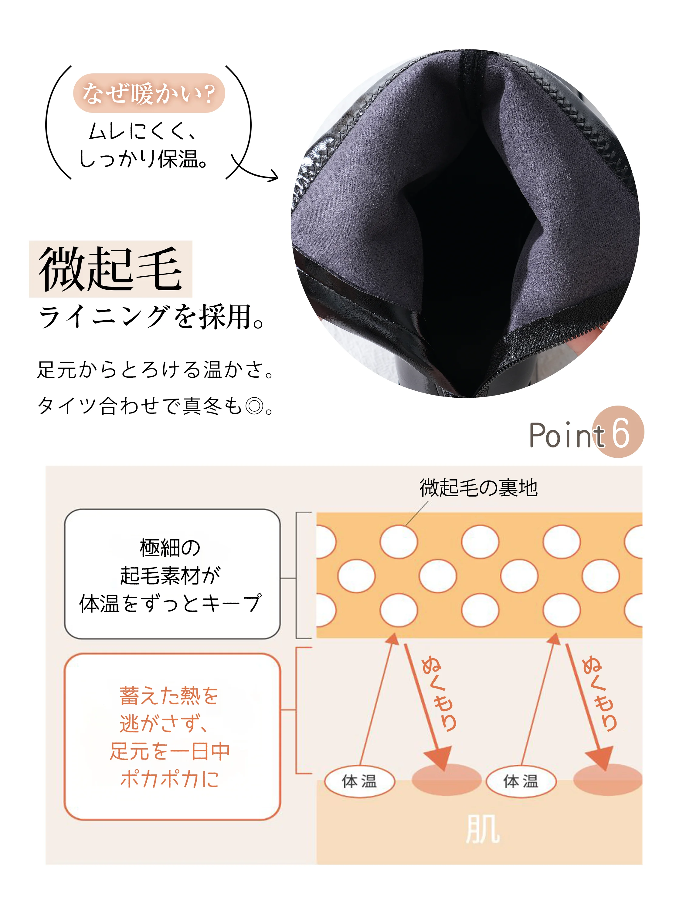 4.5cm太ヒールのストレッチショートブーツ。微起毛ライニングと保温の説明。