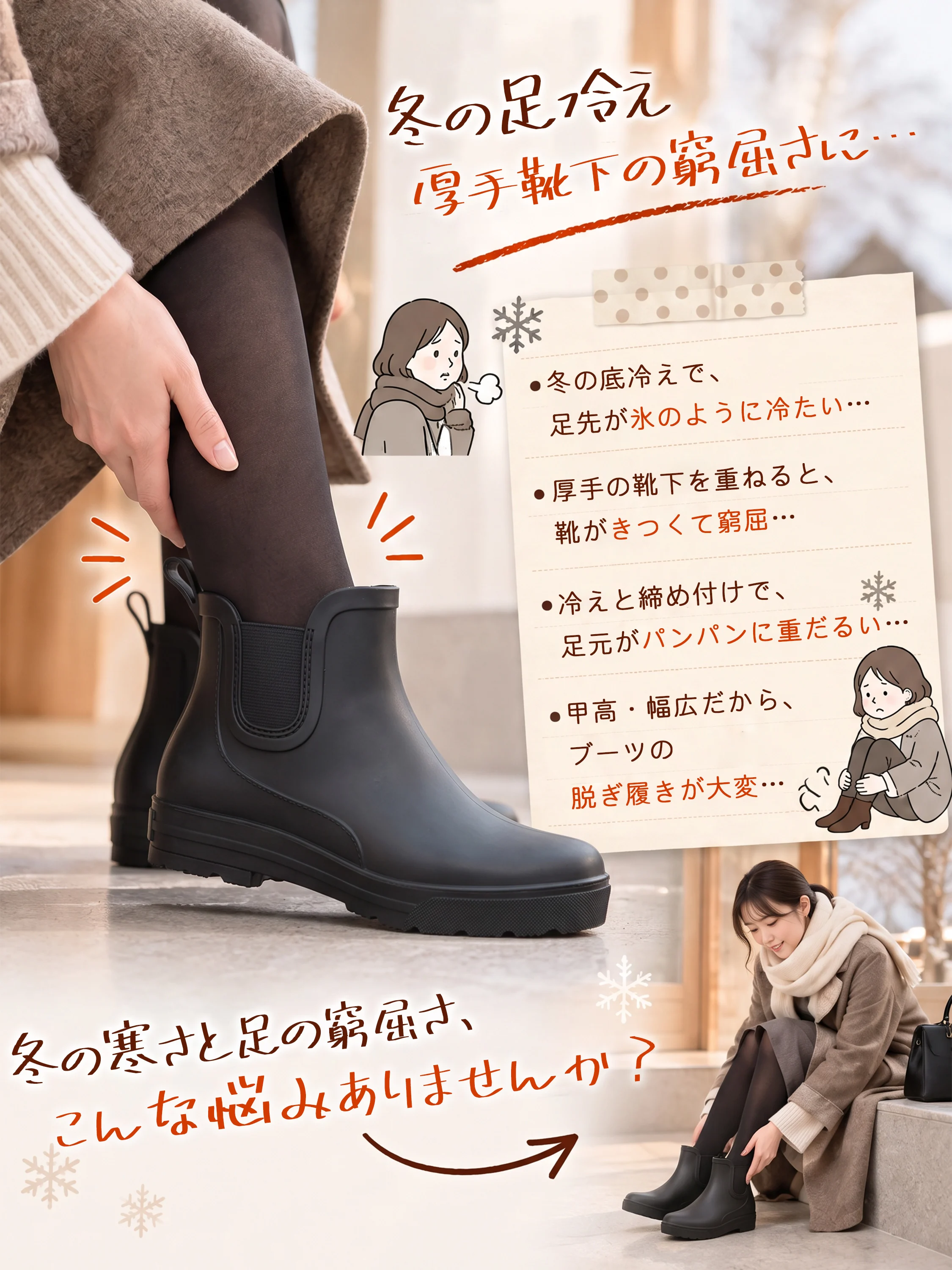 ストレッチショートブーツ。7cm厚底とセンターシーム、滑りにくさに配慮したソールを伝えるカラーごとの印象。ブーツ レディース 歩きやすいを探す方の旅行や街歩きの足元に