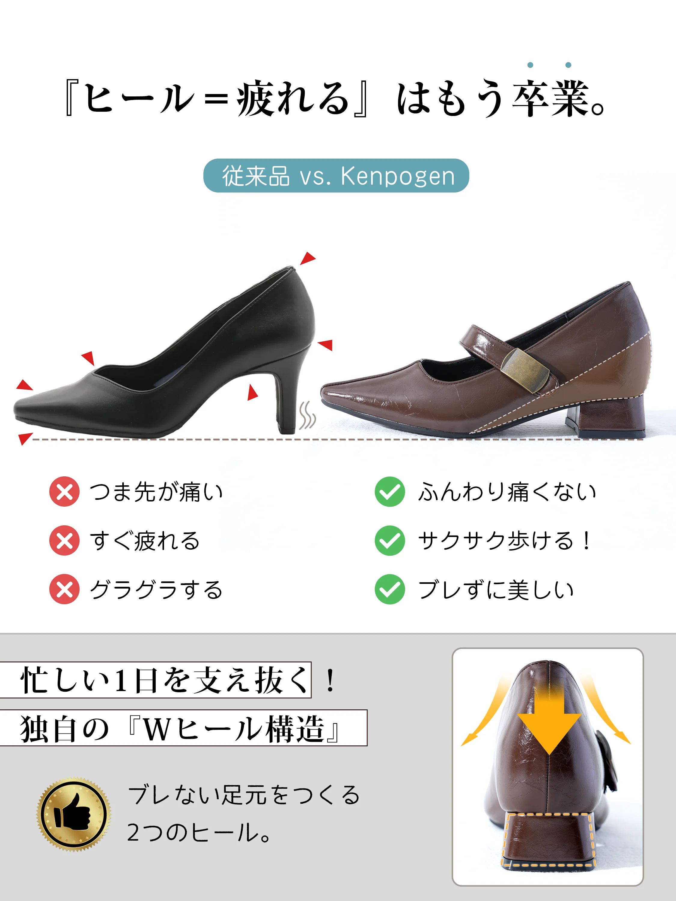 【高ヒールでも安定】KENPOGEN ストラップパンプス レディース 7cmUP インヒール 歩きやすい 脱げない オフィス フォーマル