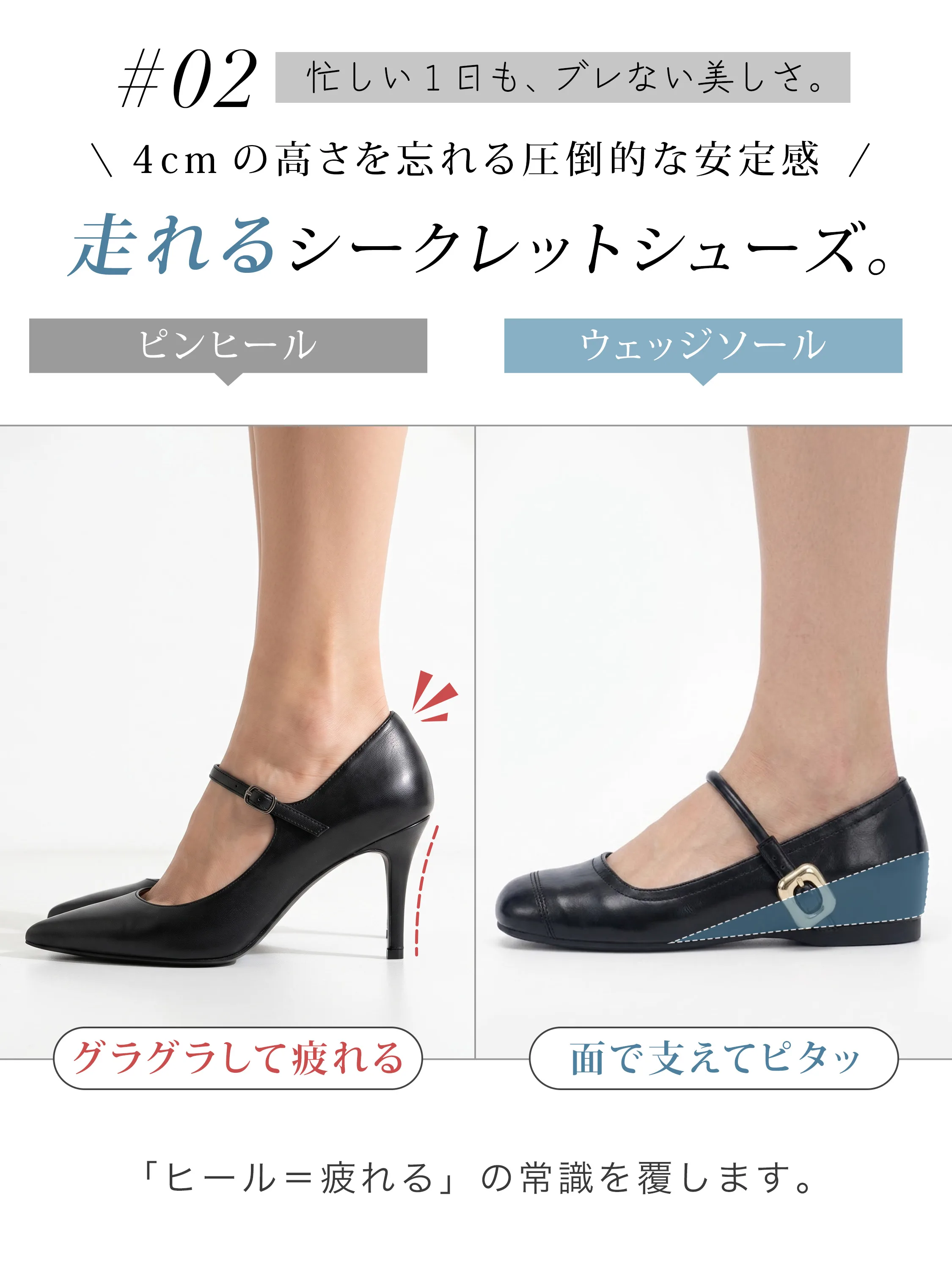 安定感のあるウェッジ設計で歩きやすい4cmインヒールメリージェーン