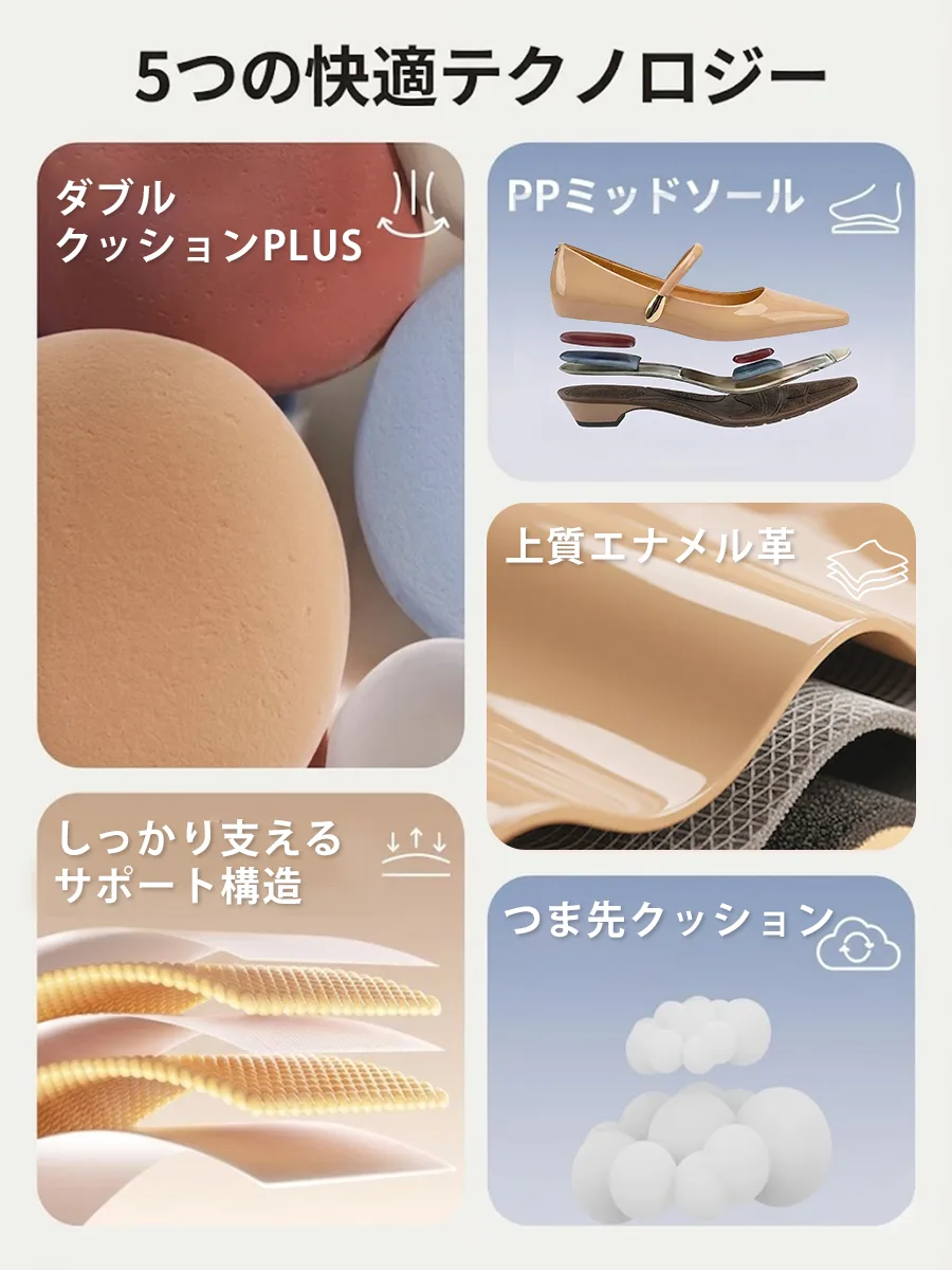長時間疲れない5つの快適テクノロジー。ふかふかクッションやPPミッドソール、上質で柔らかいエナメル革など足への負担を軽減する多層構造