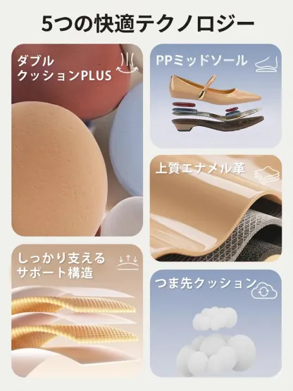 長時間疲れない5つの快適テクノロジー。ふかふかクッションやPPミッドソール、上質で柔らかいエナメル革など足への負担を軽減する多層構造