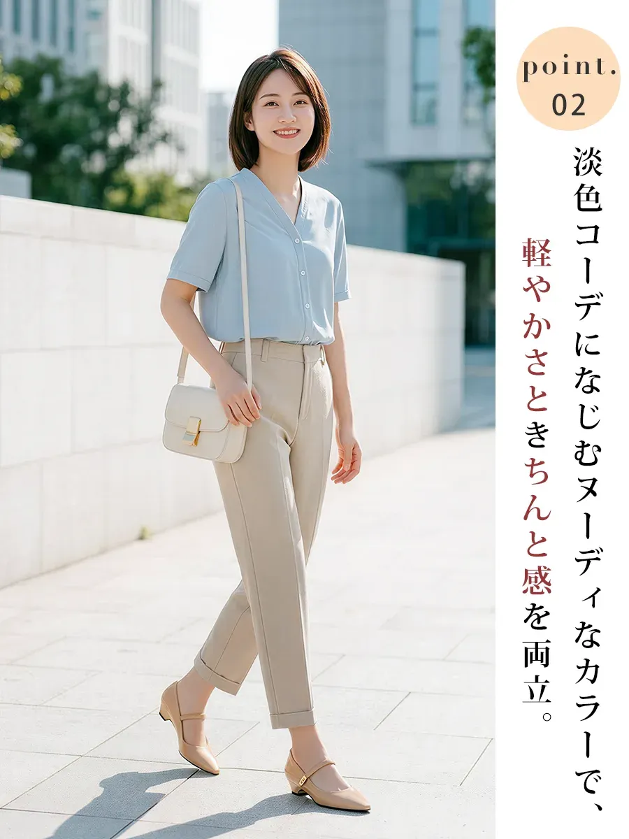 オフィスカジュアルや淡色コーデに自然に馴染むベージュのエナメルパンプス。軽やかさときちんと感を両立し、通勤でも疲れない一足