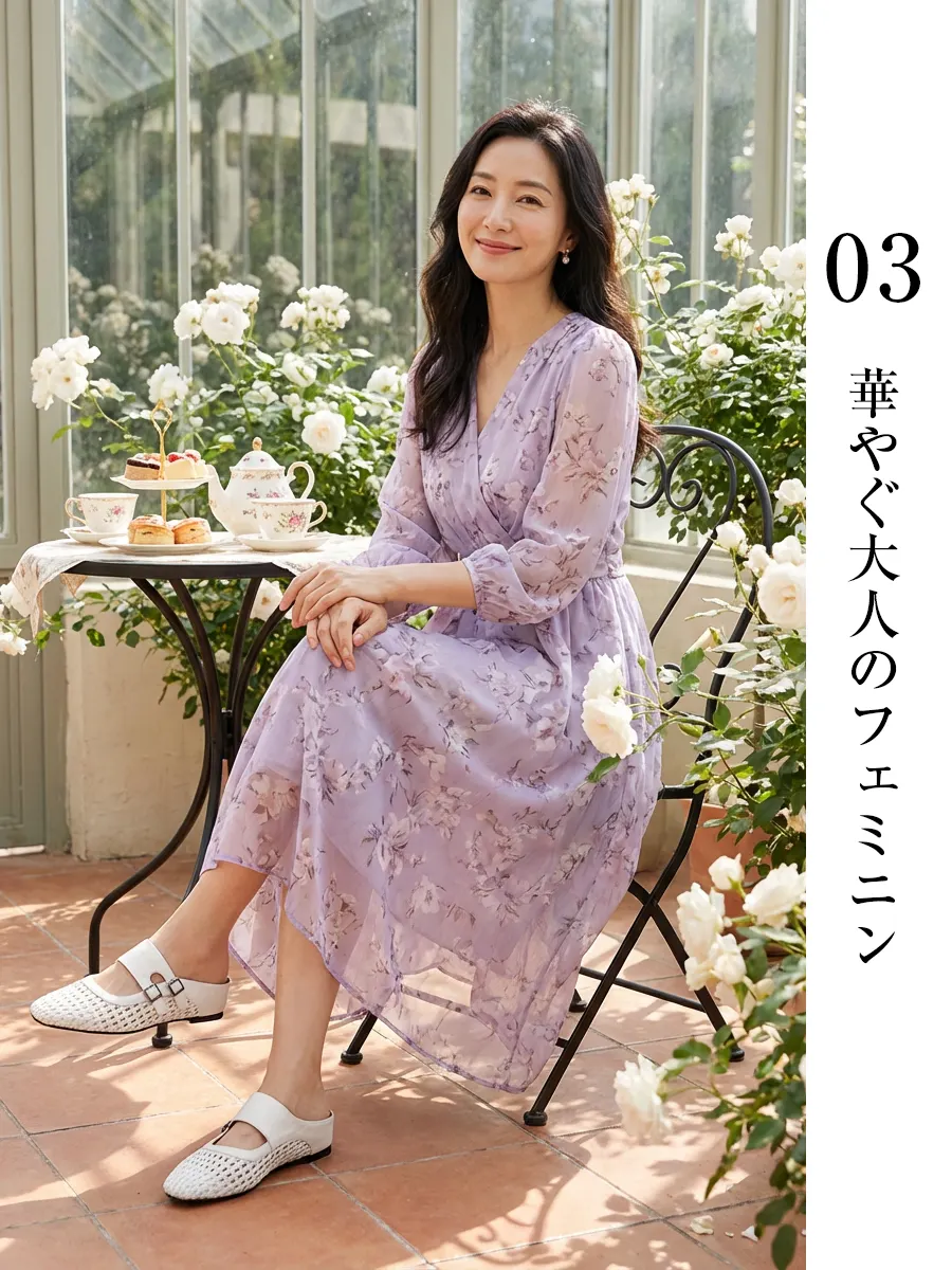 【フェミニンスタイル】華やかなワンピースに合う上品な白ミュール。浴衣 サンダルとしても映える可愛いデザインで、大人の女性に人気の可愛い サンダル。