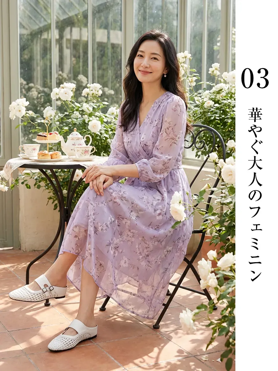 【フェミニンスタイル】華やかなワンピースに合う上品な白ミュール。浴衣 サンダルとしても映える可愛いデザインで、大人の女性に人気の可愛い サンダル。