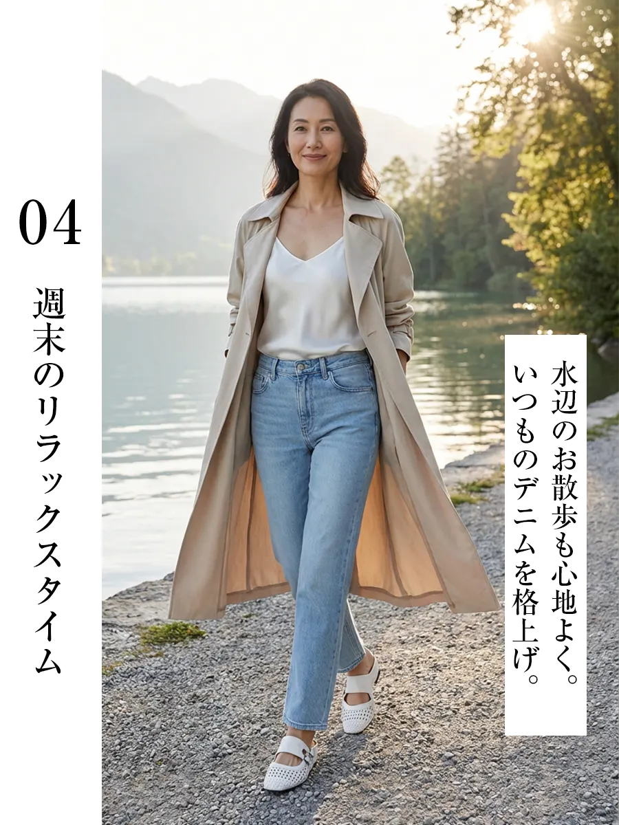 【週末のリラックススタイル】デニムコーデを格上げする白の編み込みサンダル。リカバリー サンダルのような快適さで、水辺のお散歩も心地よい人気の厚底 サンダル。