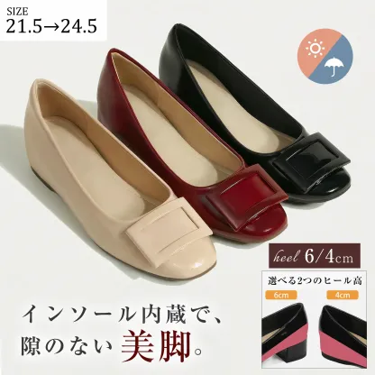 KENPOGEN スクエアバックル エナメルパンプス 晴雨兼用 サイズ21.5cmから24.5cm インヒール美脚靴