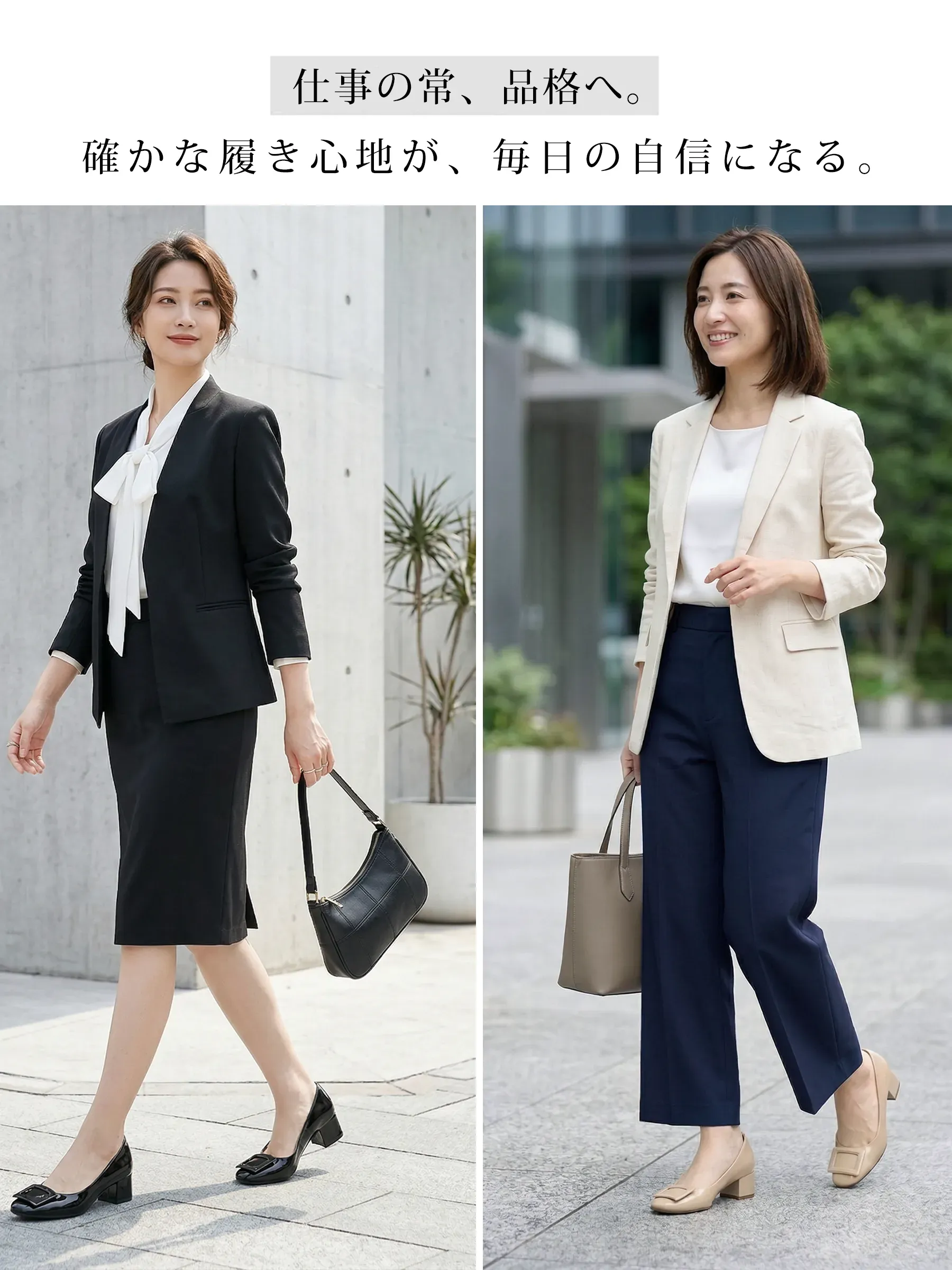 "毎日の通勤や仕事のきちんと感に馴染む 大人の品格を高める快適な黒・ベージュのオフィスパンプス