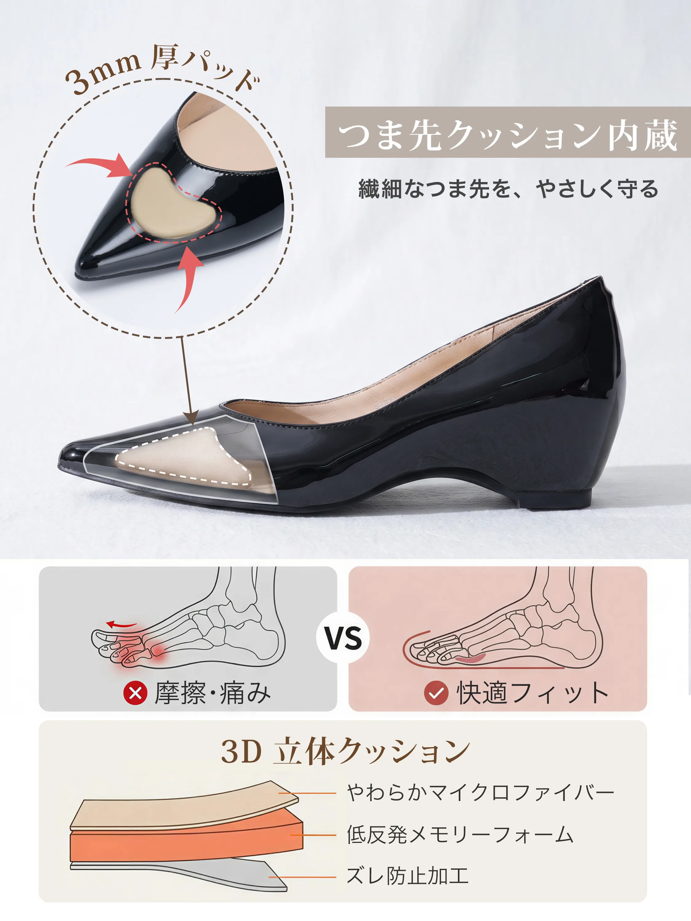 【撥水シープスキン】KENPOGEN  本革インヒールパンプス レディース つま先保護クッション 選べるヒール高 3.5cm 5.5cm エナメル 美脚効果 走れる 通勤 フォーマル
