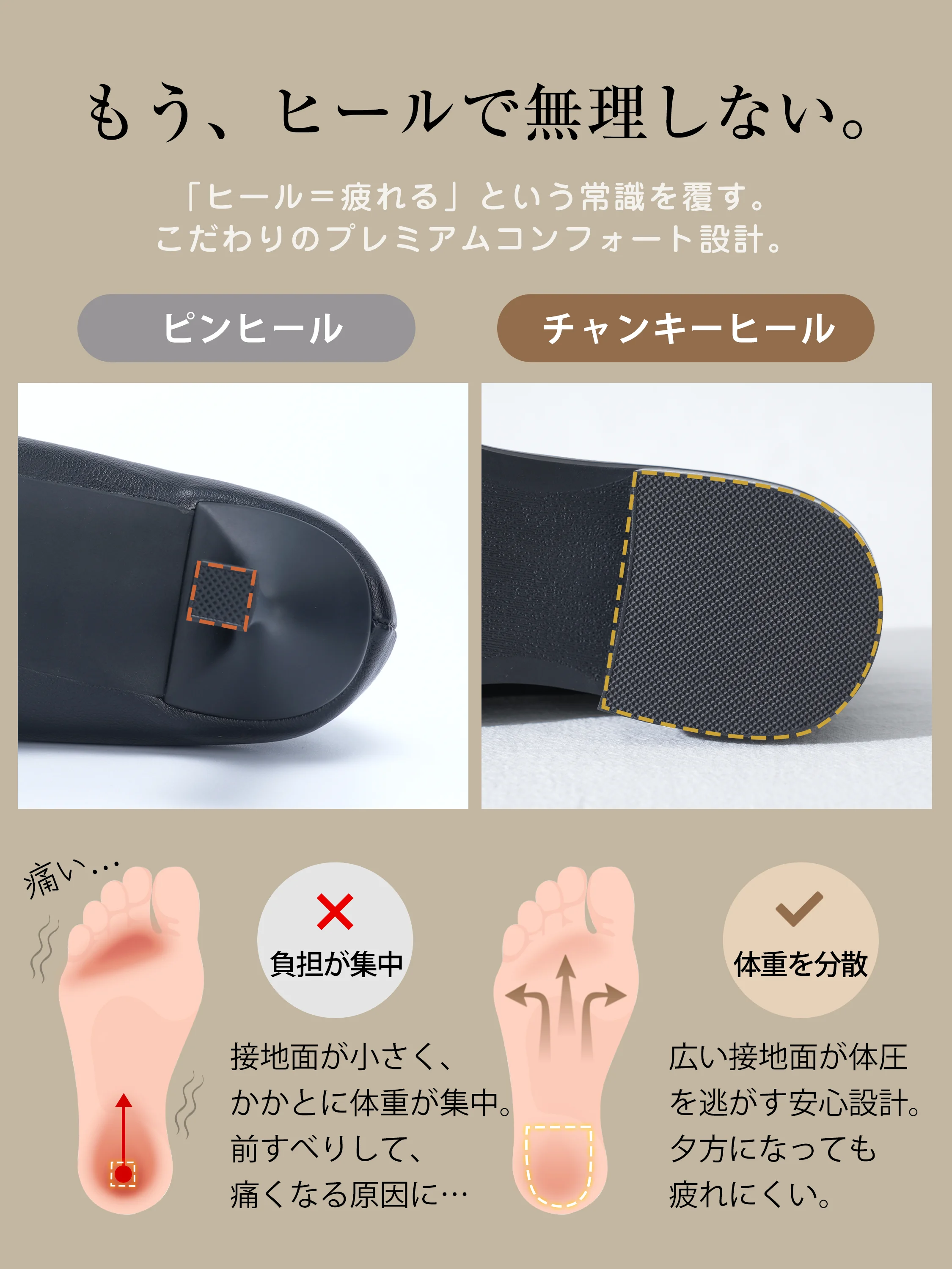 本革ヒールローファー。ゴールドチェーンと4cm太ヒール、クッション性を意識した足入れを伝える着用した全身バランス。ヒール ローファーを探す方のオフィスから食事会まで