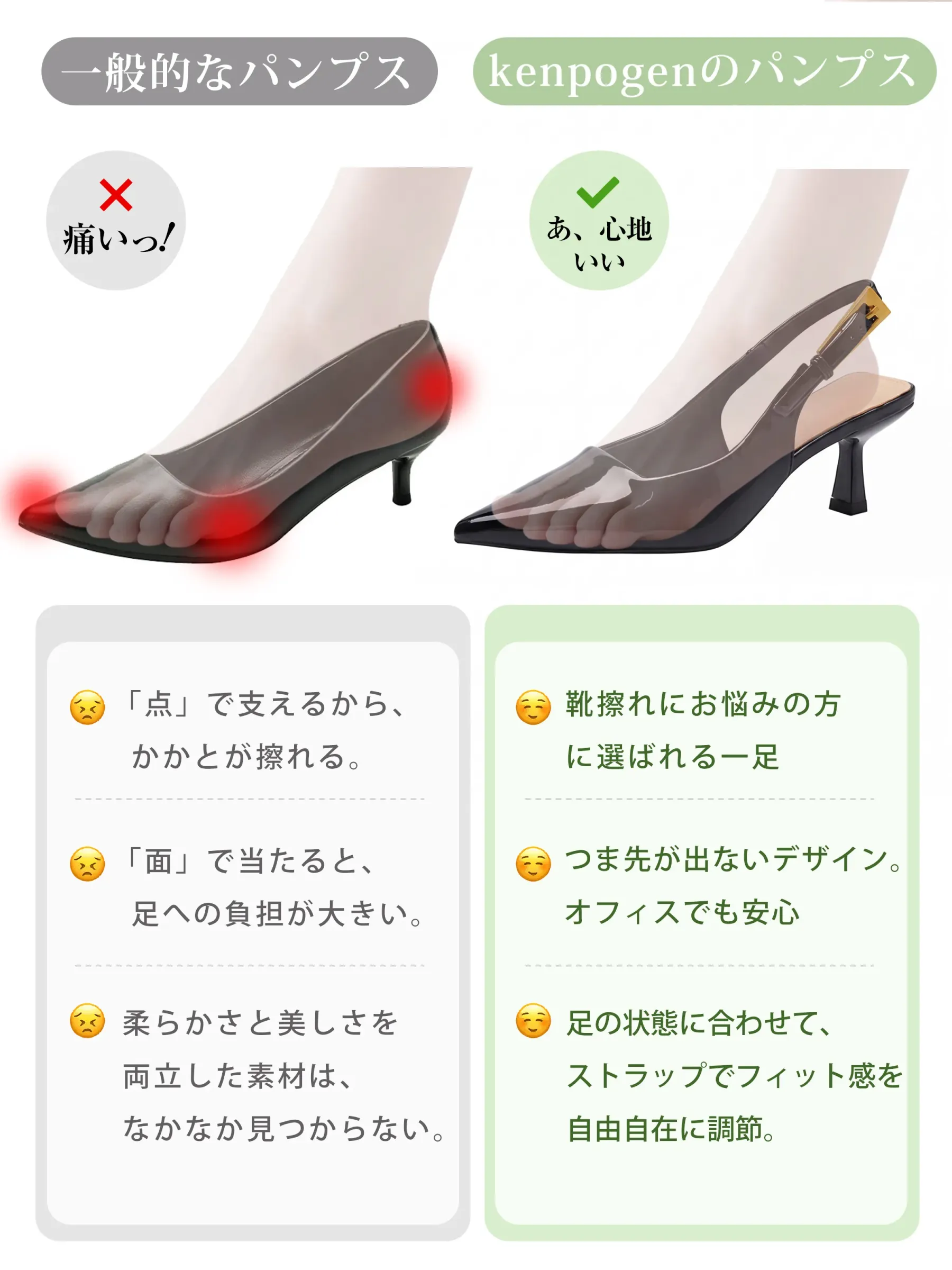 【脱げない安定感】KENPOGEN バックストラップパンプス ポインテッドトゥ 6cmUP エナメル 痛くない 蒸れにくい 春夏 通勤 オフィス