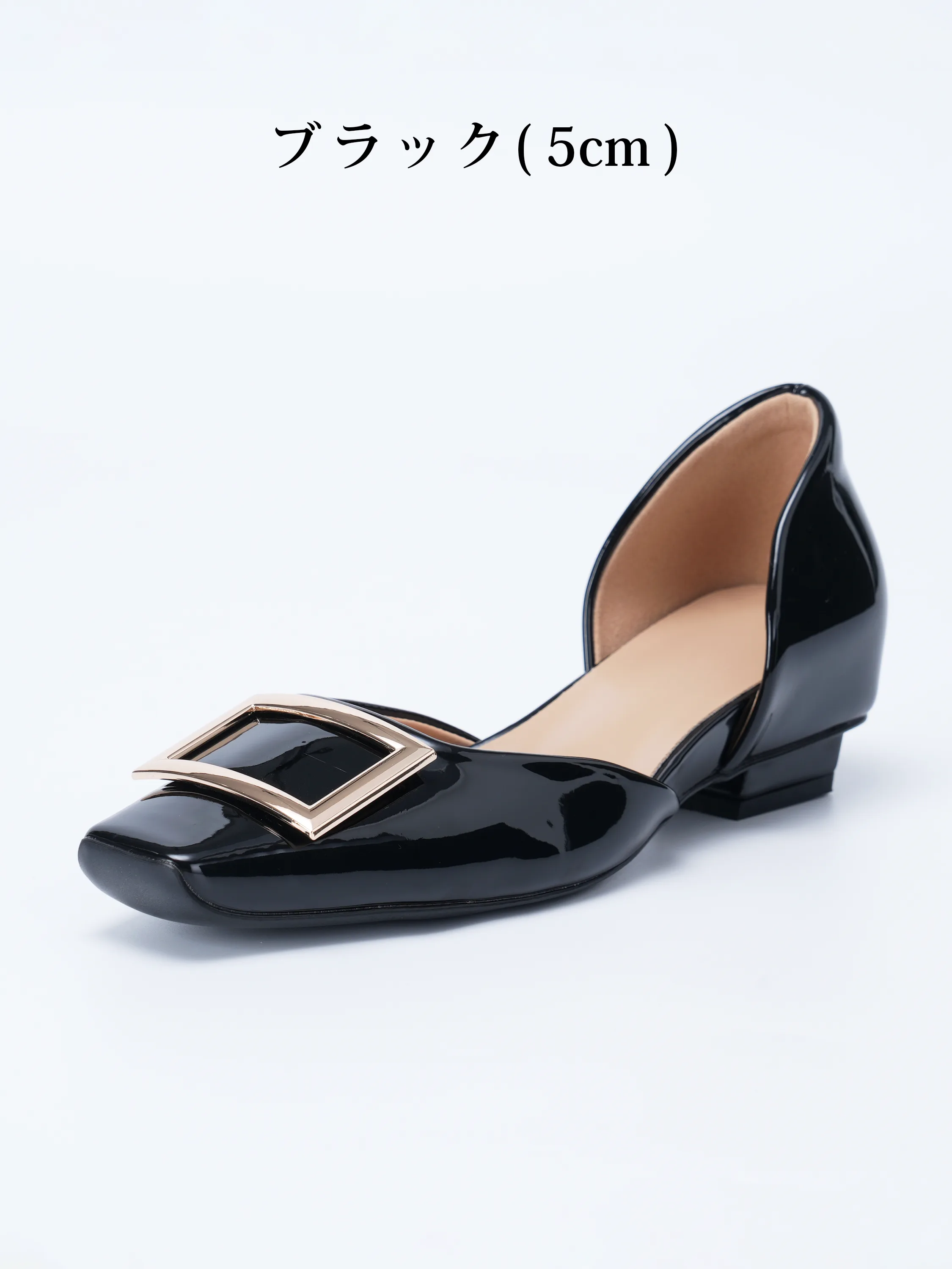 【上品なツヤ感で高見え】KENPOGEN バックルパンプス サイドオープン スクエアトゥ 5cmUP エナメル インヒール 痛くない 春夏 通勤 結婚式 幅広