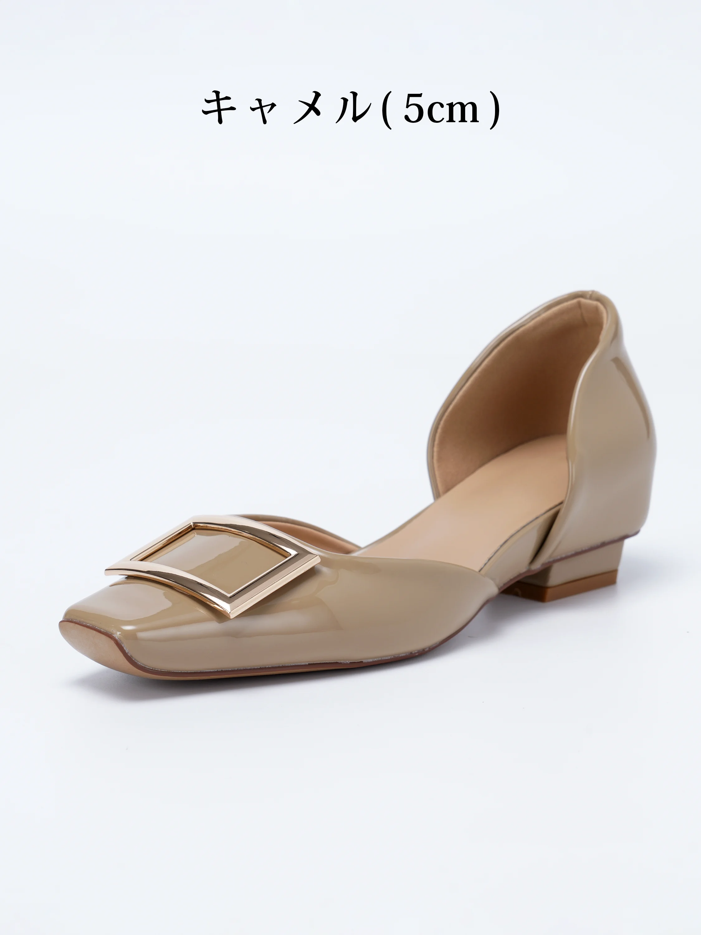 【上品なツヤ感で高見え】KENPOGEN バックルパンプス サイドオープン スクエアトゥ 5cmUP エナメル インヒール 痛くない 春夏 通勤 結婚式 幅広