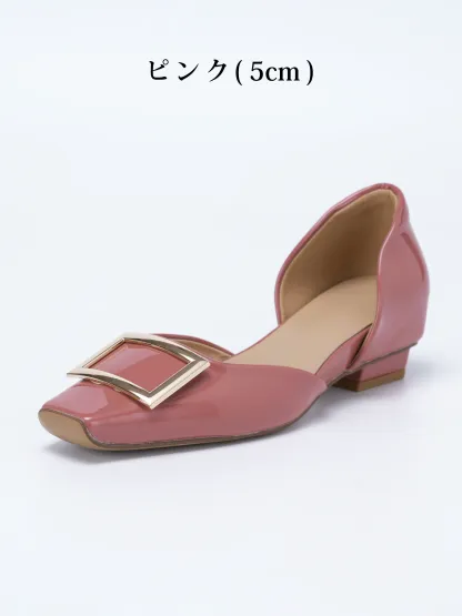 【上品なツヤ感で高見え】KENPOGEN バックルパンプス サイドオープン スクエアトゥ 5cmUP エナメル インヒール 痛くない 春夏 通勤 結婚式 幅広