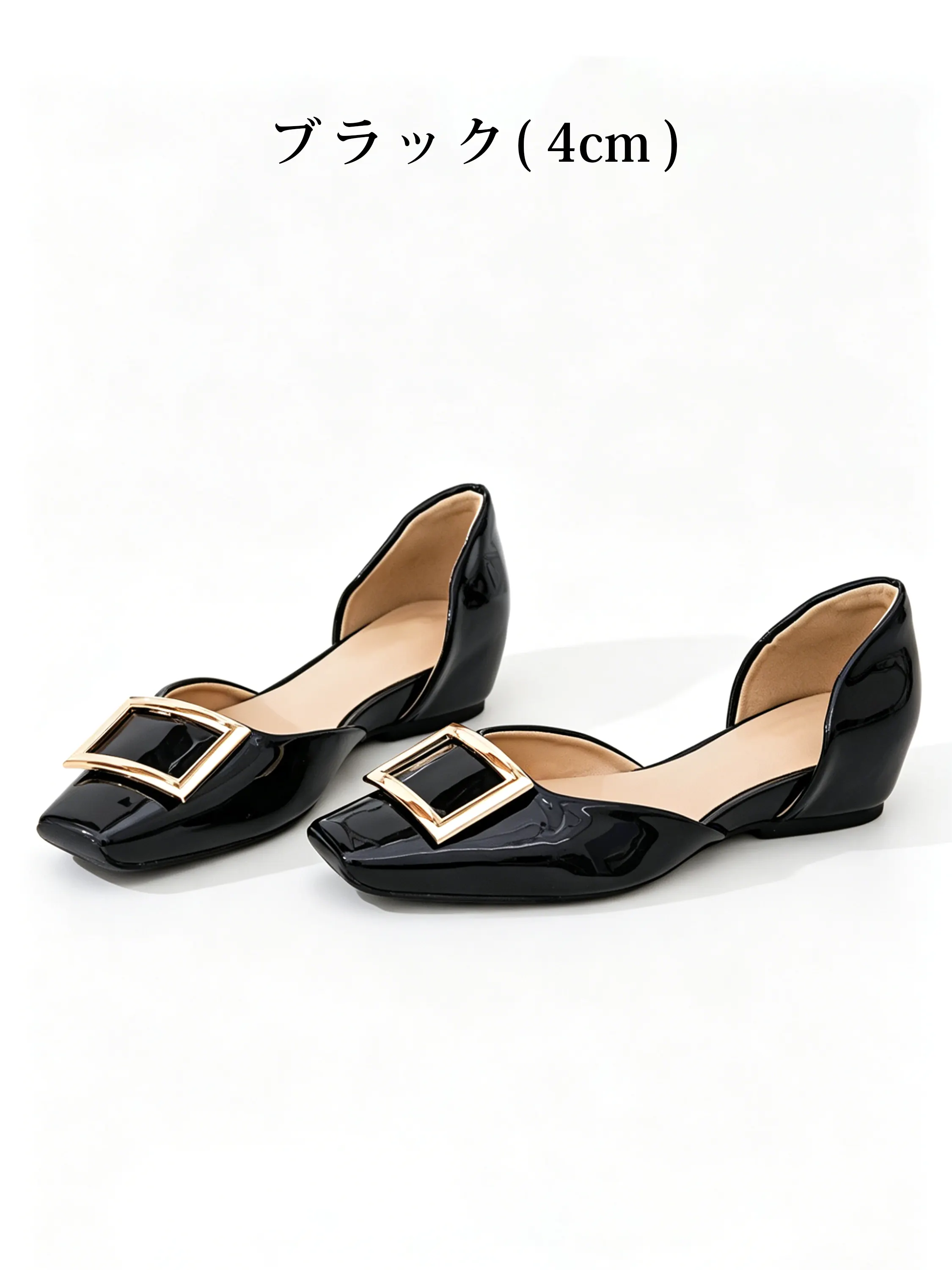 KENPOGEN スクエアバックルパンプス サイドオープン スクエアトゥ 5cmUP エナメル ツヤ感 高見え 歩きやすい 春夏