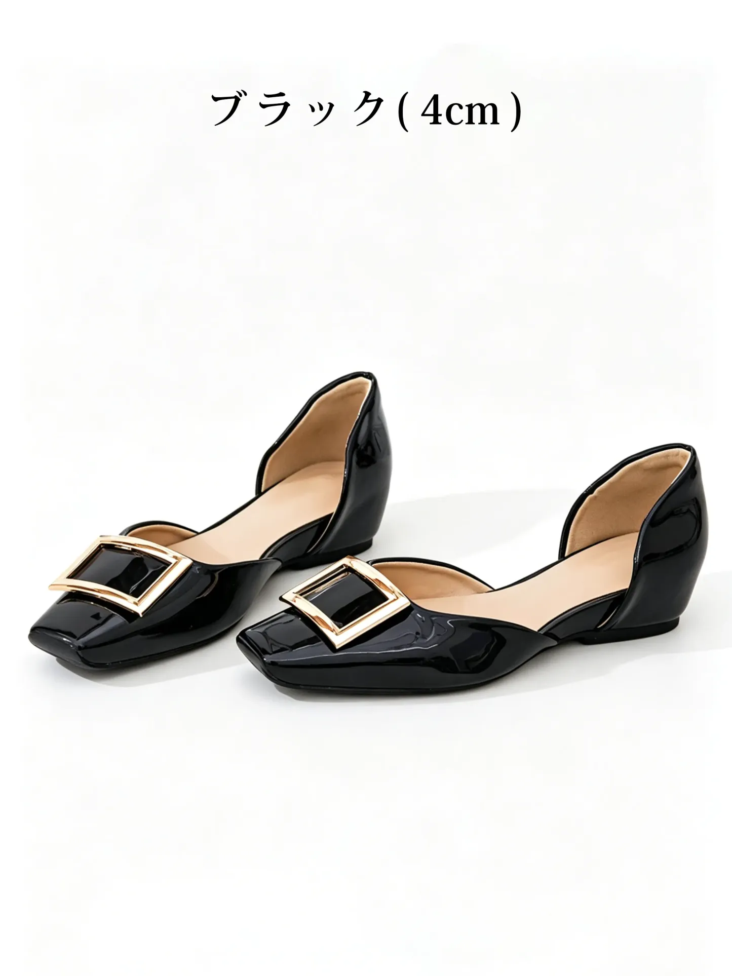 【上品なツヤ感で高見え】KENPOGEN バックルパンプス サイドオープン スクエアトゥ 5cmUP エナメル インヒール 痛くない 春夏 通勤 結婚式 幅広