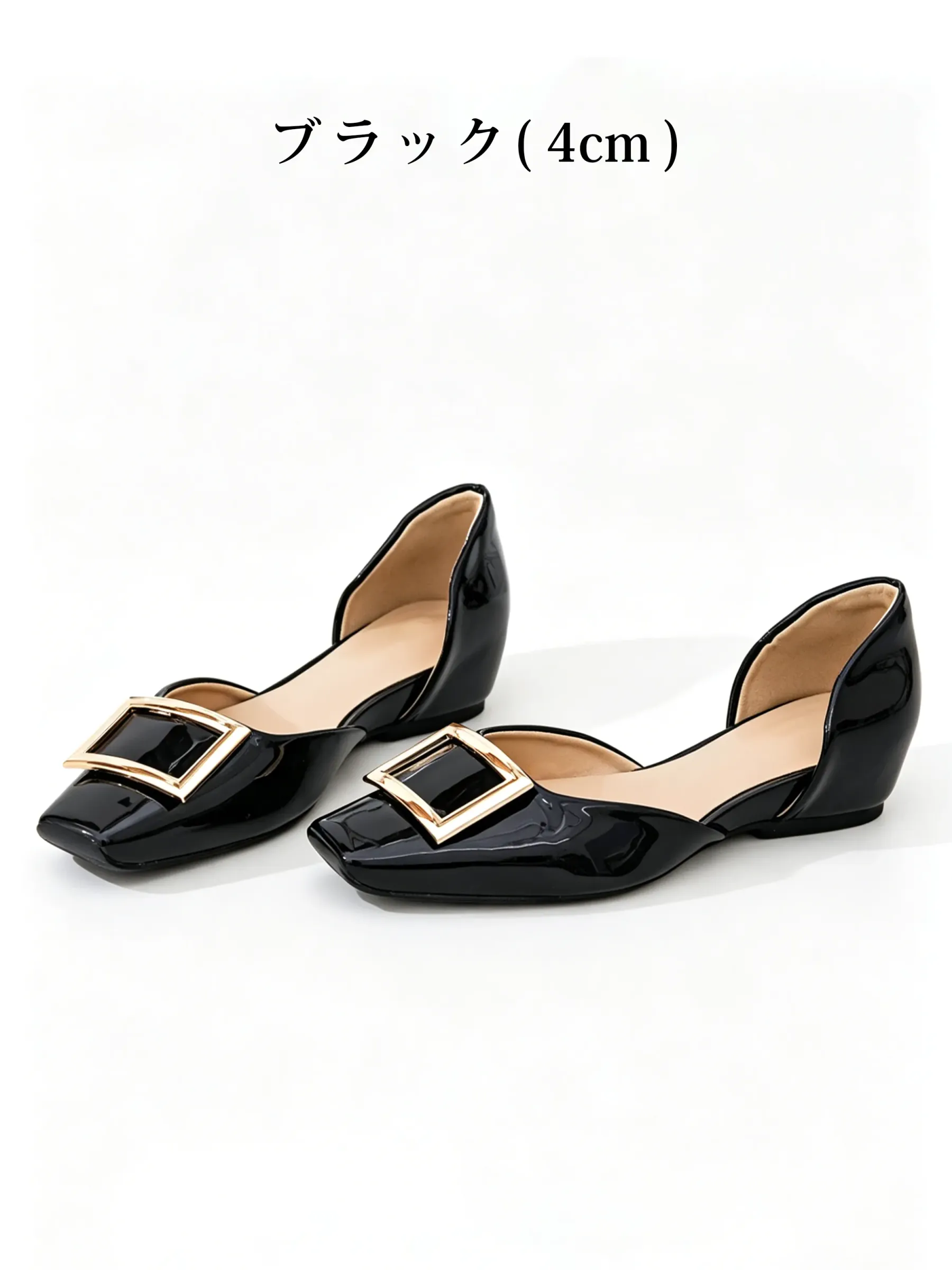 【上品なツヤ感で高見え】KENPOGEN バックルパンプス サイドオープン スクエアトゥ 5cmUP エナメル インヒール 痛くない 春夏 通勤 結婚式 幅広