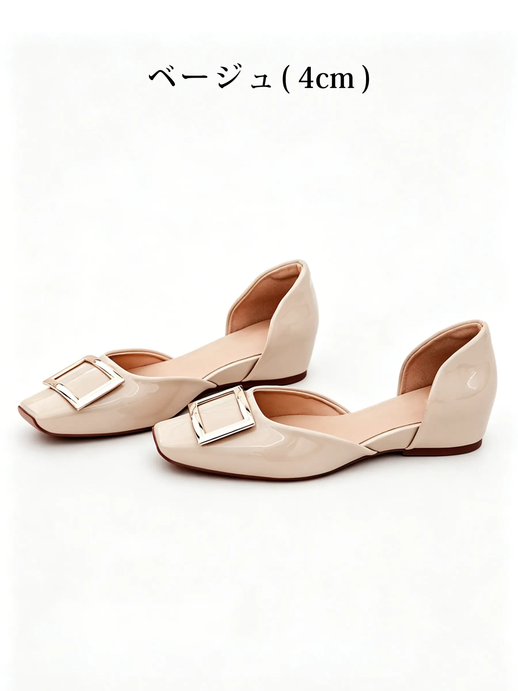 【上品なツヤ感で高見え】KENPOGEN バックルパンプス サイドオープン スクエアトゥ 5cmUP エナメル インヒール 痛くない 春夏 通勤 結婚式 幅広