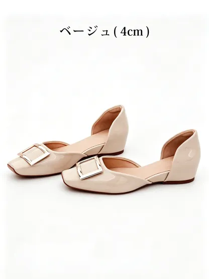 【上品なツヤ感で高見え】KENPOGEN バックルパンプス サイドオープン スクエアトゥ 5cmUP エナメル インヒール 痛くない 春夏 通勤 結婚式 幅広