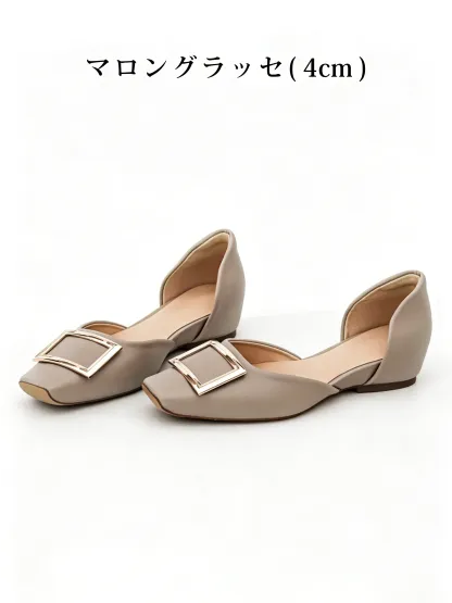 【上品なツヤ感で高見え】KENPOGEN バックルパンプス サイドオープン スクエアトゥ 5cmUP エナメル インヒール 痛くない 春夏 通勤 結婚式 幅広